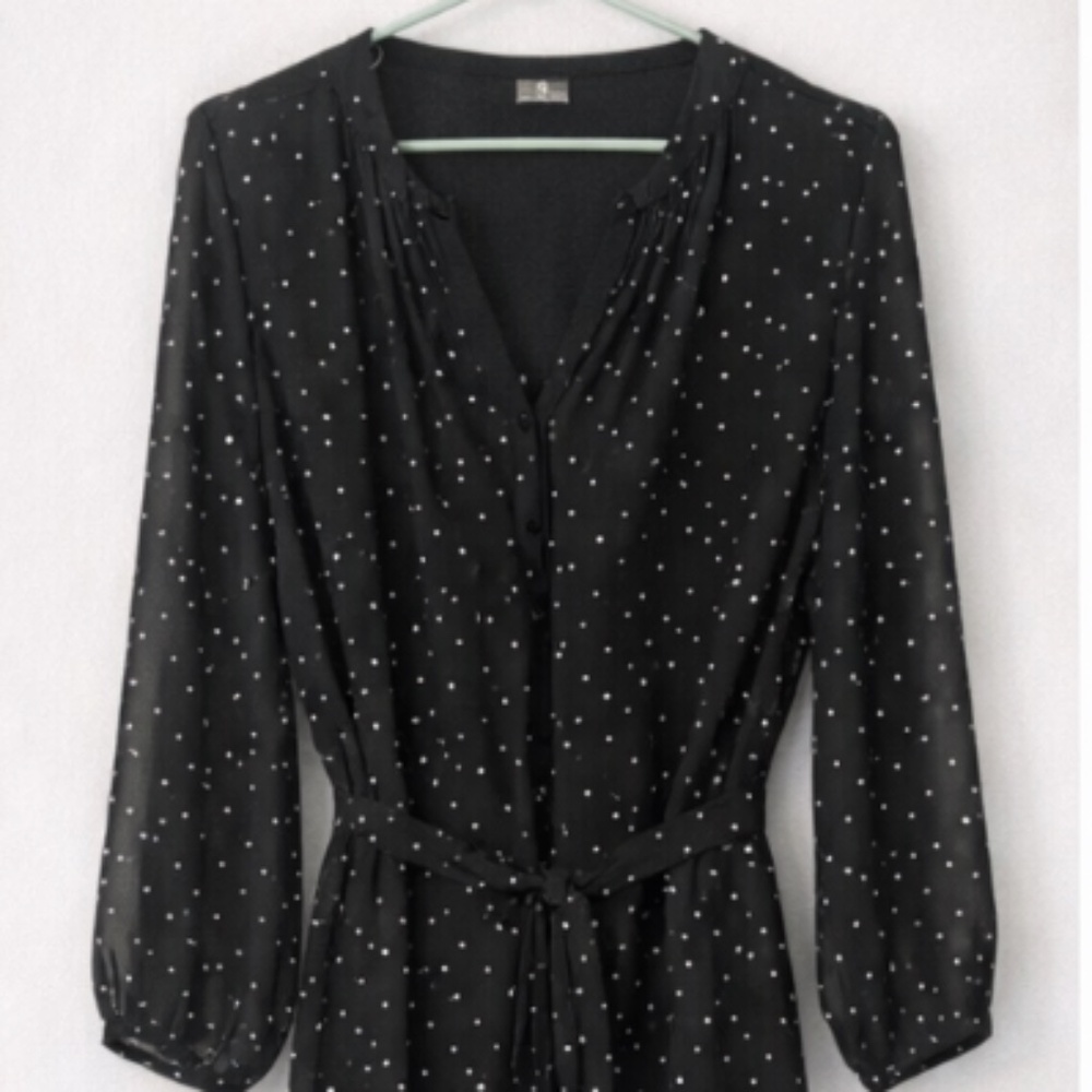 Black polka dot dress with sheer overlay